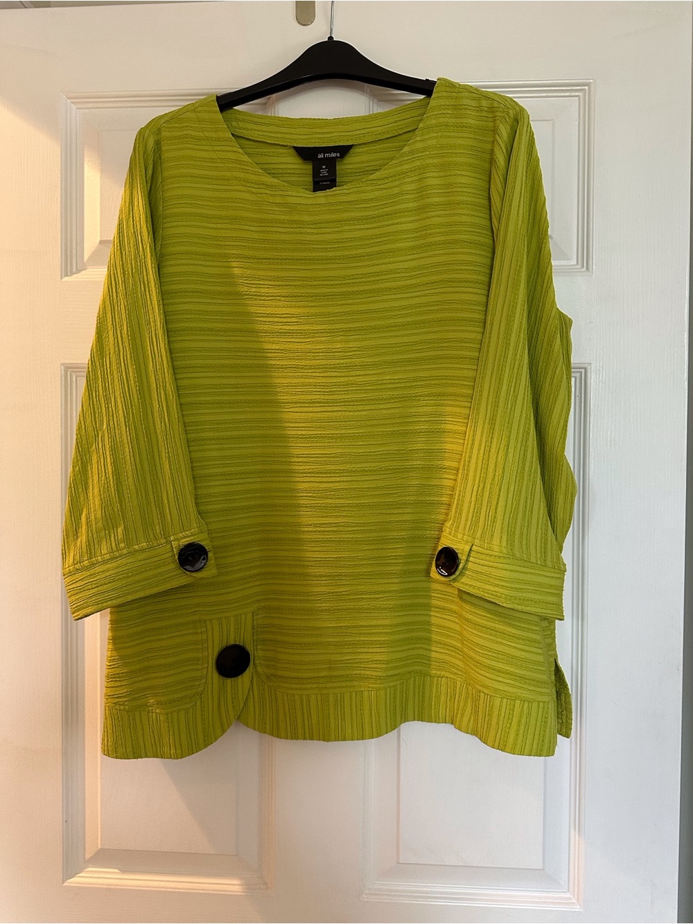 Ali Miles Lime Green Textured Scoop Neck Tunic with Button Accents